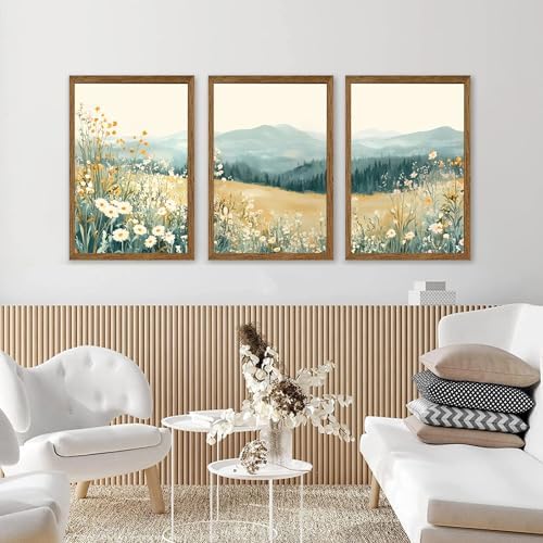 AVECCO 3 Pieces Wildflower Meadow Mountain Framed Canvas Wall Art 20x30 in - Image 3