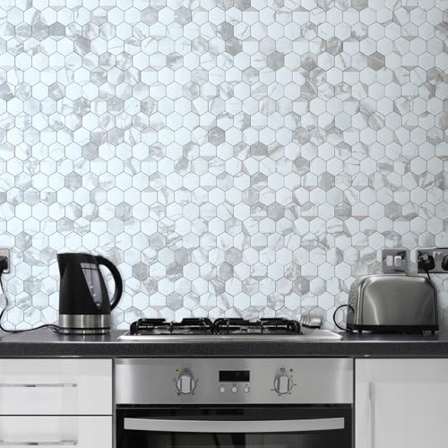 DICOFUN 10-Sheet White Hexagon Tile Peel and Stick Backsplash, Marble Look PVC - Image 2