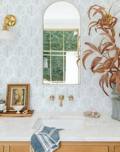 MelunMer Geometric Peel and Stick Wallpaper Boho Green White 17.3''×78.8'' - Image 2