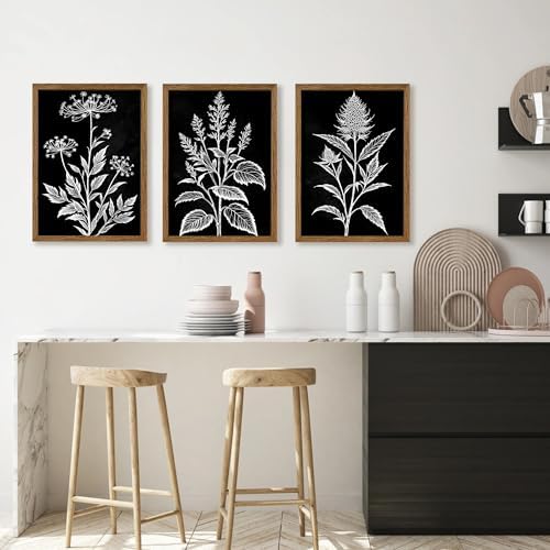 AVECCO 3 Pieces Black White Botanical Wall Art Canvas Framed 12x16 Inch - Image 3