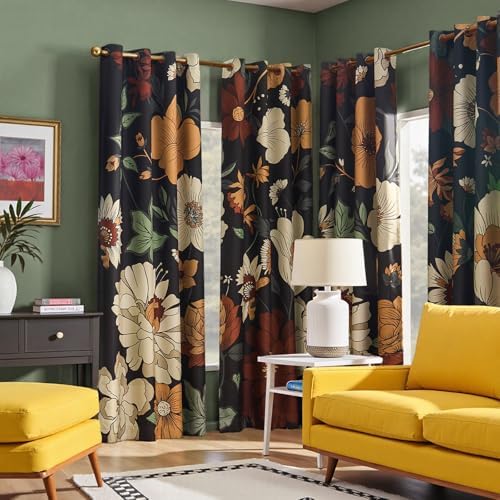 jinchan Black Boho Floral Blackout Curtains 84 Inch Grommet 4 Panels by JINCHAN