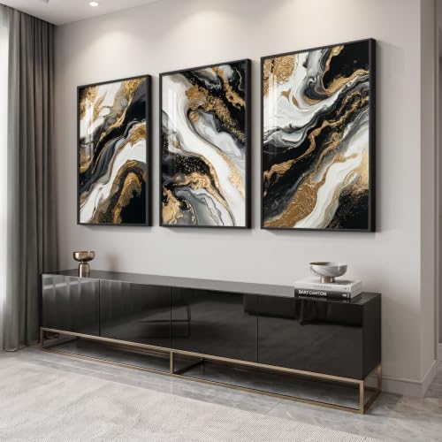 Large Framed Black Gold White Abstract Wall Art - Image 3