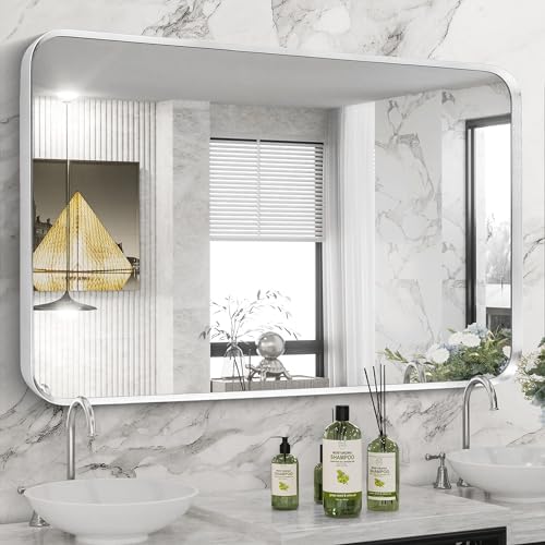 Silver Bathroom Mirror 30x48in, Metal Framed Rounded Rectangle - Image 3