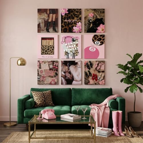 ZBMYYGO 9Pcs Pink Trendy Girls Retro Leopard Canvas Wall Art, Preppy Cheetah - Image 7