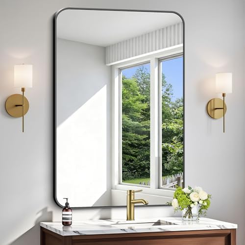 Black Bathroom Mirror, 28x42 inch Aluminum Metal Frame Rectangular Vanity Mirror by WelcometoCIVENO
