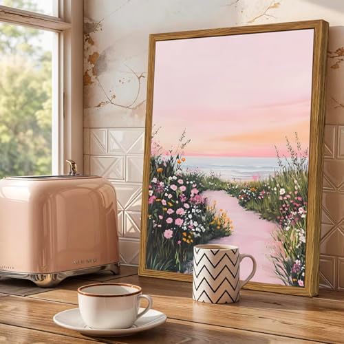 Framed Vintage Landscape Wall Art, Rustic Wildflower Nature Paintings Canvas - Image 3