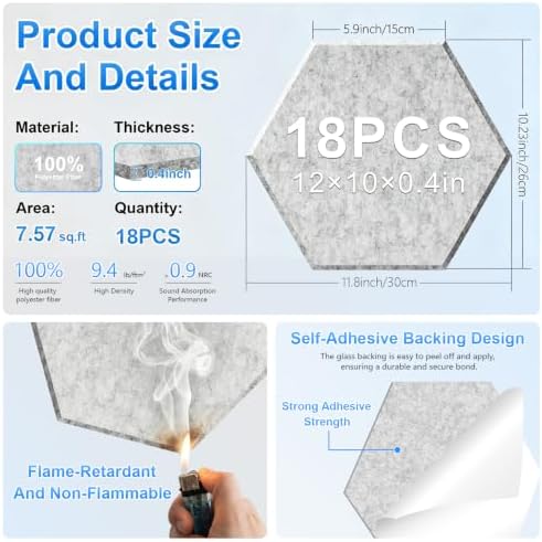 18 Pack Hexagon Acoustic Panels, Self-Adhesive Sound Deadening Panels, Sound - Image 2