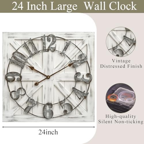 24 Inch Large Farmhouse Wall Clock, Rustic White Distressed Wood Frame - Image 4