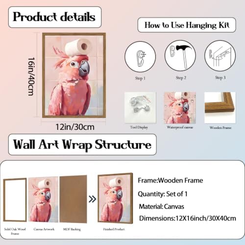 Funny Pink Cockatoo Bathroom Wall Art, Cute Bird Toilet Paper Wall Decor - Image 3