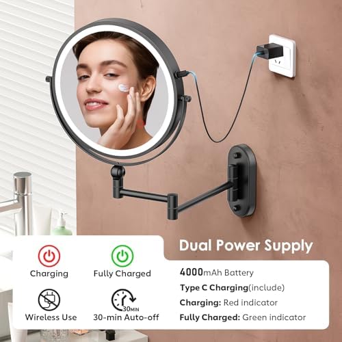 ZLOKLA 9" Wall Mounted Lighted Makeup Mirror, 4000mAh Rechargeable Double Sided - Image 5