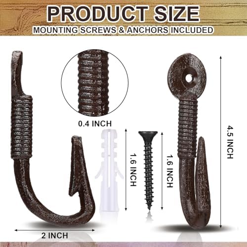 Duraaamo 6 Pcs Realistic Fish Hooks Cast Iron Wall Hook Rustic Wall Hanger - Image 2