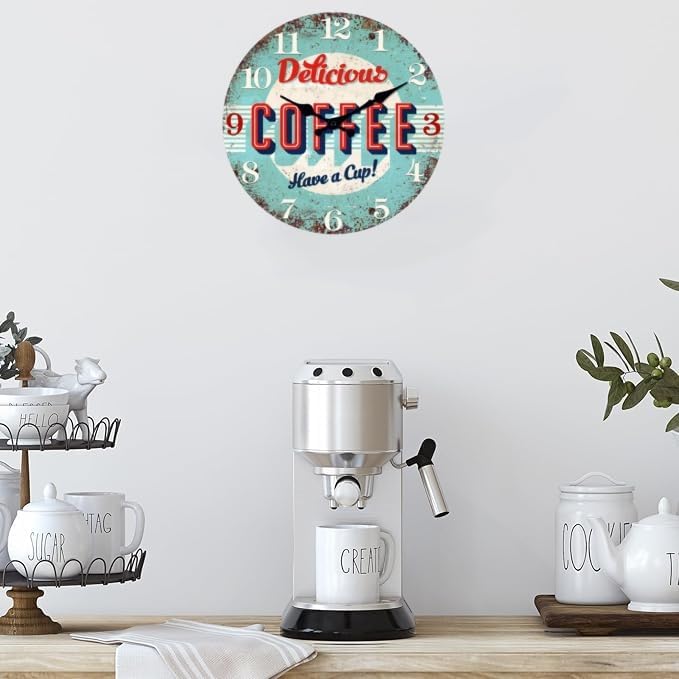 XFM Vintage Coffee Bar Wall Clock14 Inch Silent Blue - Image 2