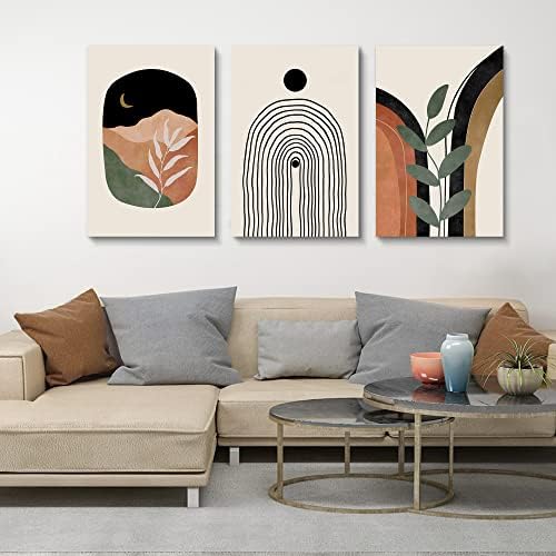 Boho Wall Art Set of 3, Mid Century Modern Canvas Wall Painting, Neutral - Image 4