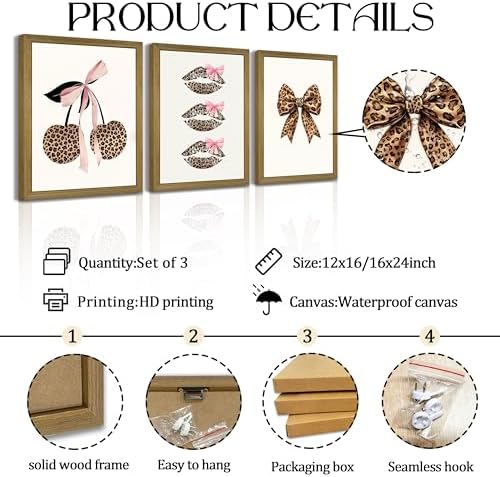 Framed Leopard Print Wall Art Set of 3, Cute Cherry Lips Bow Canvas Posters - Image 3