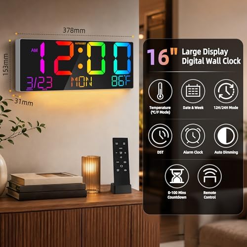 16" Large Digital Wall Clock LED Display, Night Light, Auto DST - Image 2