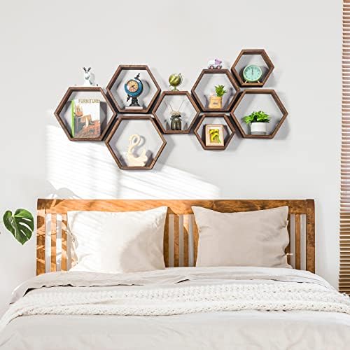 Hexagon Floating Shelves Set of 8 Wood Hexagonal Shelves Brown Wall Decor and - Image 2