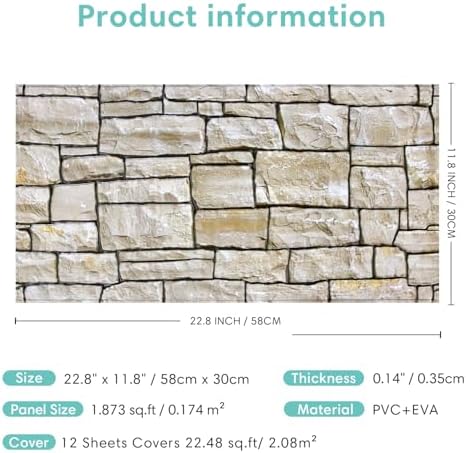 Commomy Peel and Stick Faux Stone 3D Wall Panels 12 pcs of 22.8" x 11.8" - Image 6