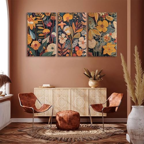TBKHUDBI Burnt Orange Floral Canvas Wall Art, Mid Century Modern Wall Decor - Image 2