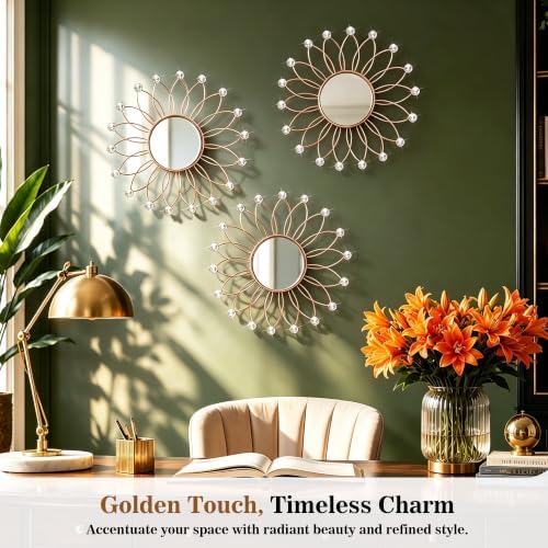 3 Pack Wall Metal Mirrors Sunburst Wall Mirror Rose Gold Crystal Wall Art - Image 2