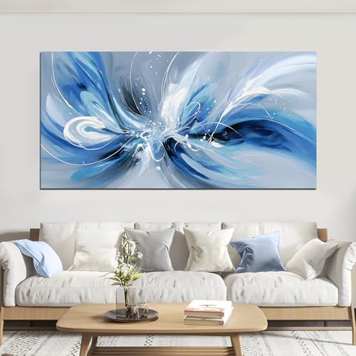Blue White and Gray Abstract Canvas Wall Art - Image 2