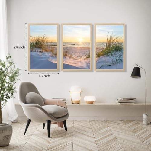 IAFWZX Wood Framed Coastal Sunset Scenery Wall Art Set of 3, 12x16 in - Image 3