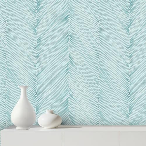Modern Peel and Stick Wallpaper 17.3"x120" Teal Green Herringbone Striped Wall by AuraCyzirineWallpaper