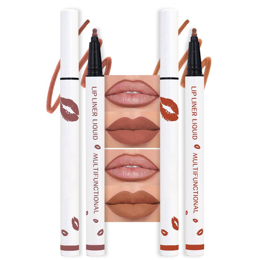 2Pcs Longwear Liquid Lip Liner Stain Marker Pen Set Long Lasting Waterproof, Mocha Nude Brown Matte Semi Permanent 24 Hour Lip Liner and Lipstick Combo, Color Stay Lipliner All Day Lip Stains peel off