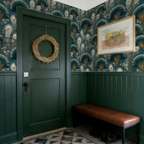 Stickorama Teal Gold Peacock Feather Floral Peel and Stick Wallpaper Self - Image 7