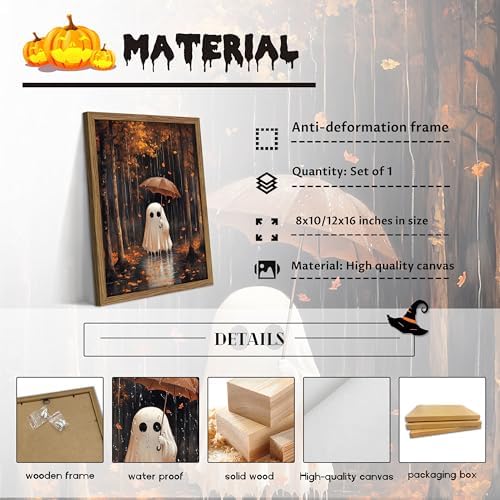 Framed Vintage Halloween Ghost Canvas Wall Art, Cute Ghost Holding Umbrella - Image 5