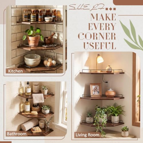 Novabright Corner Floating Shelf Set of 3 Rustic Brown Wood 12 Inches - Image 5