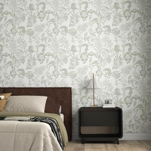 Tropical Botanical Peel and Stick Wallpaper – Green Floral Birds Removable - Image 2