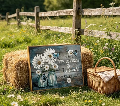 ZLXARTLA Wood Framed Daisy Wall Art Butterfly Wall Decor Inspirational Print - Image 2