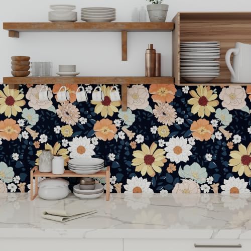 17.7" x 118" Boho Peel and Stick Wallpaper Navy Blue Flower Leaf Vintage Floral - Image 6