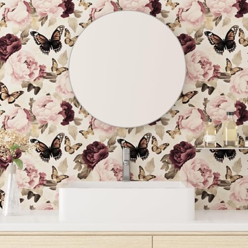 Laatse Beige Pink Butterfly Floral Peel and Stick Wallpaper 17.5"x393" - Image 4