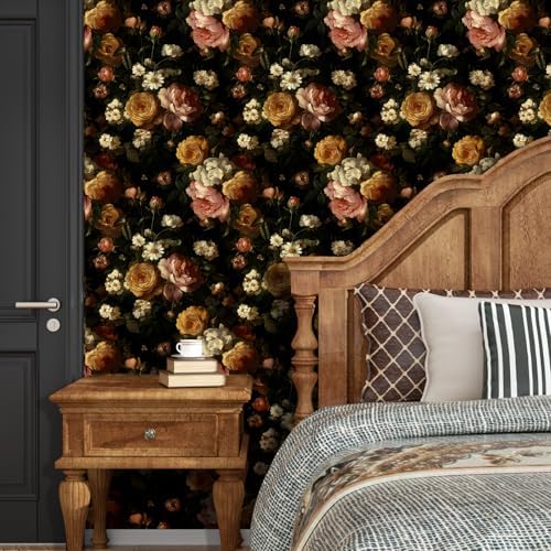 BOKEBEVE Black Floral Wallpaper Peel and Stick Vintage Pink 17.5 x 118In - Image 5