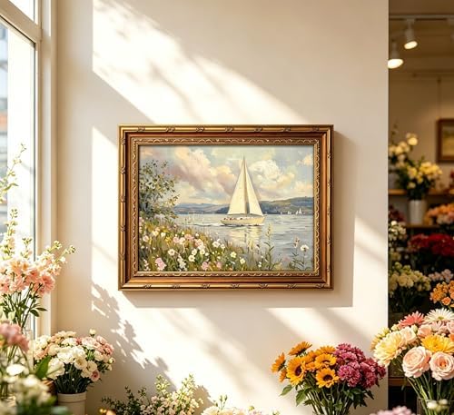 Vintage Gold Framed Coastal Landscape Wall art, Wildflower and Sailboat Oil - Image 2