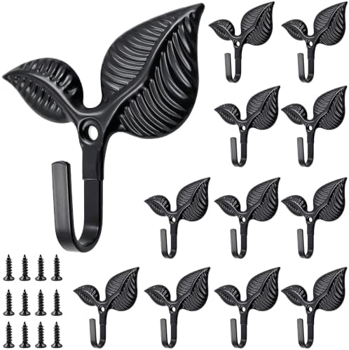 Set of 12 Vintage Leaf Wall Hooks, Rustic Black Iron Heavy Duty Coat Hangers by Unknown