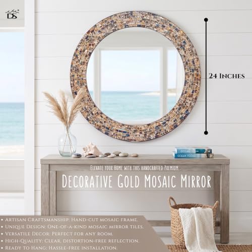 24" Gold Mosaic Wall Mirror, Handmade Round Decorative Mirror - Image 4