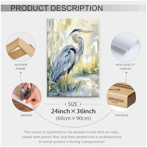 Blue Heron Canvas Wall Art Watercolor Sea Bird Poster 24X36 inch Framed Coastal - Image 2