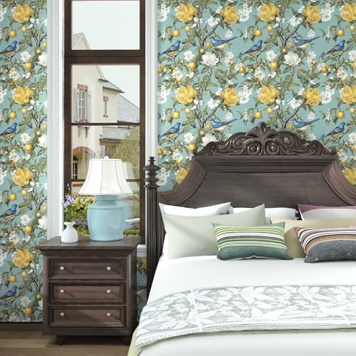 Danodoi Green Vintage Lemon Bird Peel and Stick Wallpaper 17.5" x 118" - Image 2