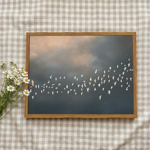 Framed Vintage Flying Bird Canvas Wall Art, Minimalist Abstract Flock of White - Image 2