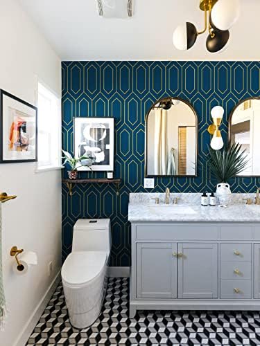 Safiyya 393"x17.3" Gold and Blue Peel and Stick Wallpaper Geometric Self - Image 5