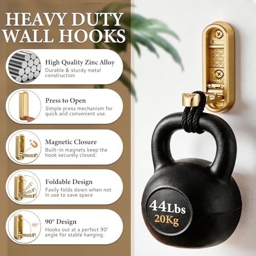Folding Wall Hooks, 2 Pack Gold Heavy Duty Coat Hooks, Screw Mounted - Image 5