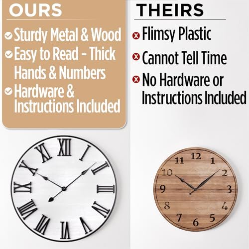 Large Wall Clock 24" Round, Silent Metal & Wood - Image 5