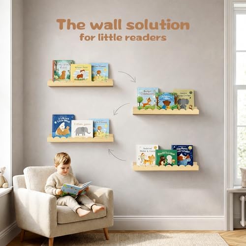 Nursery Floating Shelves for Kids Room, 2 Pack 23.6 Inch Natural Wood Wall - Image 5