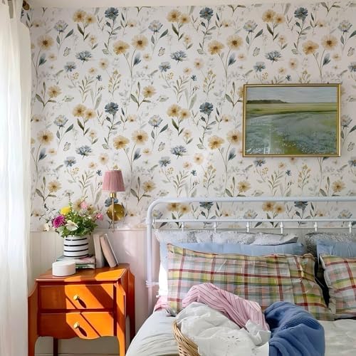 Ismoon Floral Peel and Stick Wallpaper Boho Wallpaper 17.3in x 32.8ft Blue and - Image 3