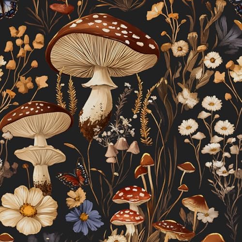 BOKEBEVE Mushoroom Wallpaper Peel and Stick Boho Black Brown 17.5 x 787In by BOKEBEVE