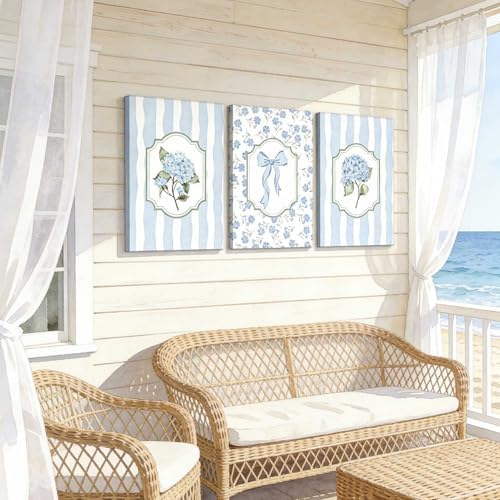 3Pcs Blue Hydrangea Canvas Wall Art Trendy Light Blue Striped Watercolor Bow - Image 2
