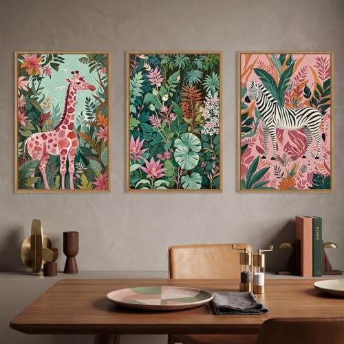 Aryroi Boho Sage Green Pink Giraffe Zebra Jungle Framed Canvas Wall Art Set - Image 3
