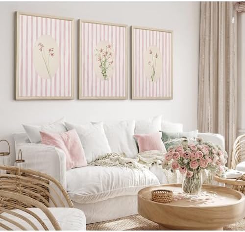 Pink Flower Wall Art Striped Floral Prints Botanical Canvas Wall Decor - Image 3